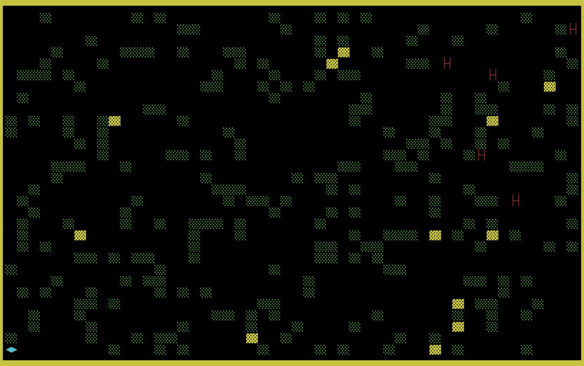Screenshot from the 1984 ASCII game BEAST. The screen is filled with a grid of green and yellow blocky patterns representing movable blocks and solid blocks. The player, shown as a cyan diamond shape, is located in the bottom-left corner. Several red ‘H’ characters, representing hostile beasts, are scattered on the right side of the screen. The game has a dark black background bordered by a yellow frame, with the environment laid out in a procedurally generated maze-like pattern.