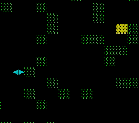 Animated scene from the 1984 ASCII game BEAST, showing a blue diamond-shaped player character navigating a maze-like environment made of green block clusters, avoiding obstacles and moving toward a yellow target area in the top right
corner.
The screen features a classic DOS-style black background with retro text-based graphics